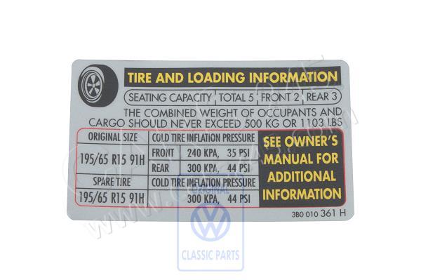 Kennschild für Reifendruck Volkswagen Classic 3B0010361H