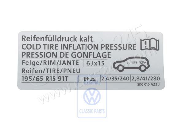 Kennschild für Reifendruck Volkswagen Classic 2K0010422J