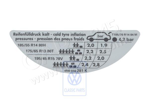 Kennschild für Reifendruck 1,4Ltr. Volkswagen Classic 6N0010281K